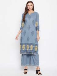 Bitterlime Block Printed Kurti Palazzo Set