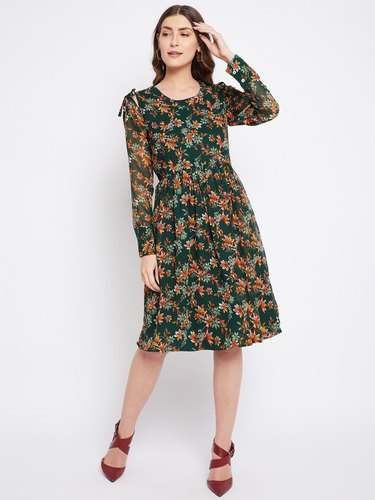 Bitterlime Printed Gathered Dress by Sanil Creations Private Limited