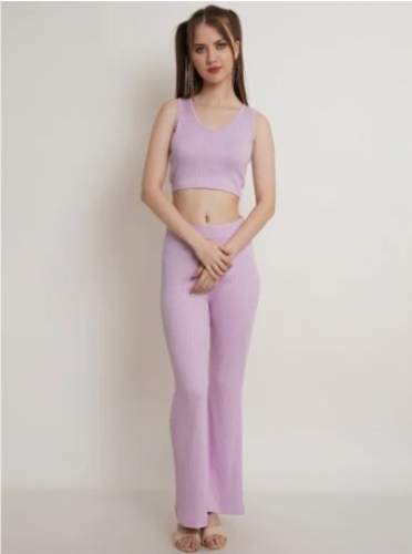 Ladies Lavender Crop Top With Trouser Co-Ords Set 