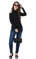 Ladies Round Neck Solid Black Color Top 