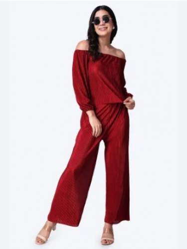 Maroon Color Off Shoulder Top and Palazzo Co-Ords Set
