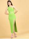 Parrot Green One Shoulder Crop Top and Long Slit Skirt Co-Ords Set