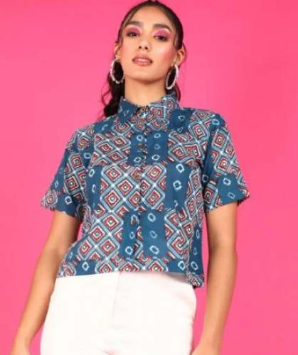 Pure Cotton Navy Blue Printed Half Sleeve Shirt For ladies  by Popwings E-commerce Private Limited