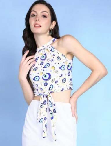 White Halter Neck Eye Print String Crop Women Top  by Popwings E-commerce Private Limited