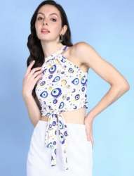 White Halter Neck Eye Print String Crop Women Top 