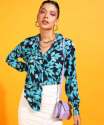 Women Casual Navy Blue Leaf Printed Shirt 