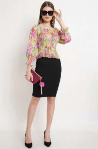Women Yellow Floral Printed Chiffon Smocking Fitted Top