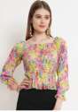 Women Yellow Floral Printed Chiffon Smocking Fitted Top thumb 1