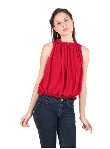 Sleeve less party wear Red Top  by Shoppy Zip Online Services Private Limited