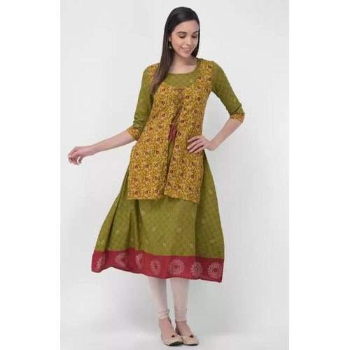 Printed Green Jacket style Kurti  by Radhika Fashion