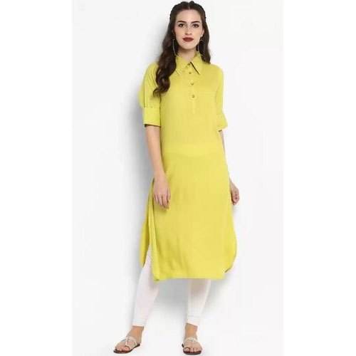 Stylish Plain Collar Neck Rayon Kurti  by Radhika Fashion