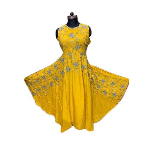 Yellow Embroidered Flared Kurti For Girls