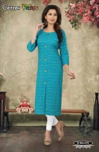 Printed Cotton Sky Blue Cotton Kurti For Women by Cotton Prints