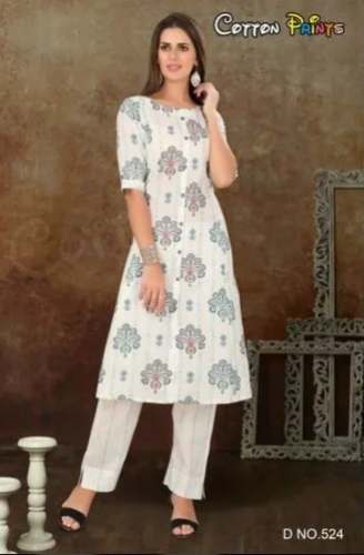 White Cotton Kurti Pant Set For Women by Cotton Prints