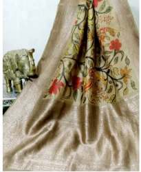 Cream Kalamkari Tussar Silk Banarasi Handwoven Saree