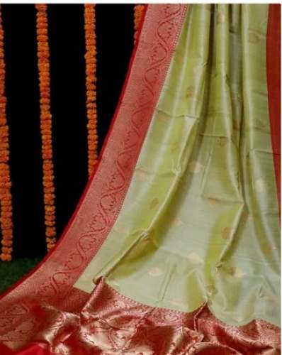 Greenish Offwhite Tussar Silk Banarasi Handwoven Saree by Silk Kothi