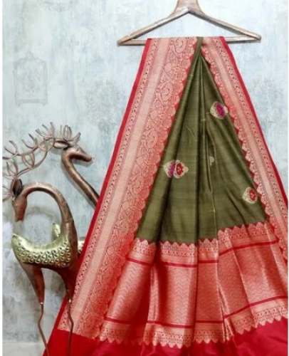 Olive Green Kadhwa Meena Buta Tussar Silk Banarasi Handwoven Saree by Silk Kothi