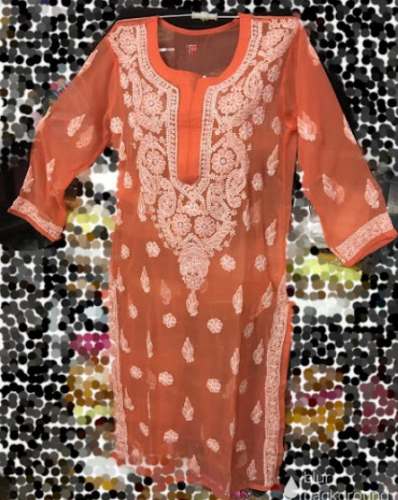 New Collection Orange Chikan Kurti For Women by Nirmala Chikan Handicraft