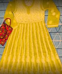 New Collection Yellow Chikan Kurti For Women