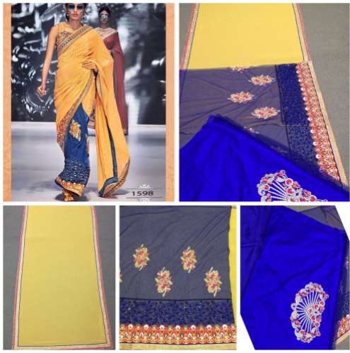 Designer Yellow and Blue half lehenga Saree