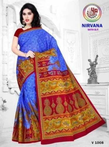 Nirvana Blue Cotton Printed Saree  by Yogendra Arts