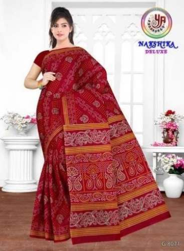 Red Bandhani Print cotton Saree by Yogendra Arts  by Yogendra Arts