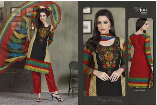 Red and black color printed dress material by Tejoo Fashions Pvt. Ltd.