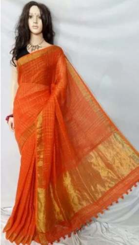 Orange Linen Plain Handloom Saree For Women by Sultans Sons Silk