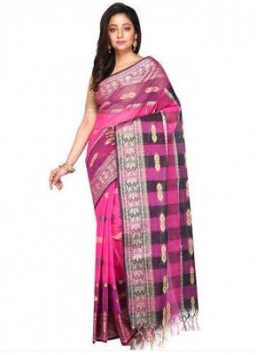 Pink Checks Handloom Cotton Silk Saree by Sultans Sons Silk