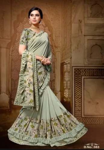 Fancy Pista Floral Printed Chiffon Frill Saree At Wholesale Rate by Sindhwani Sarees