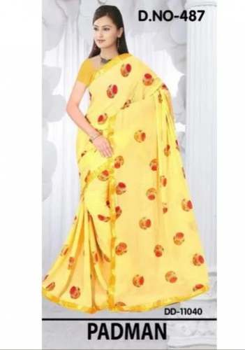 New Casual Printed Georgette Yellow Fancy Saree by Mohan Textiles Traders