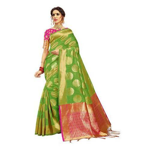 Fancy Linen Parrot Green Silk saree