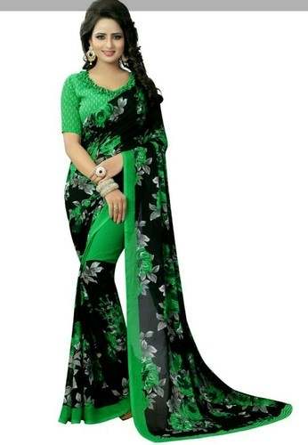 Green Color Flowery Printed Georgette Saree by Lucky Enterprise