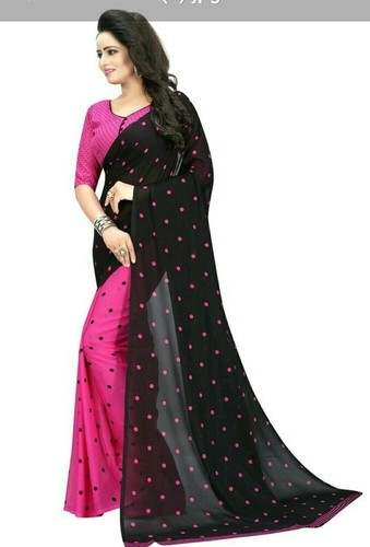 Polka Dot Print Black and Pink Georgette Saree by Lucky Enterprise