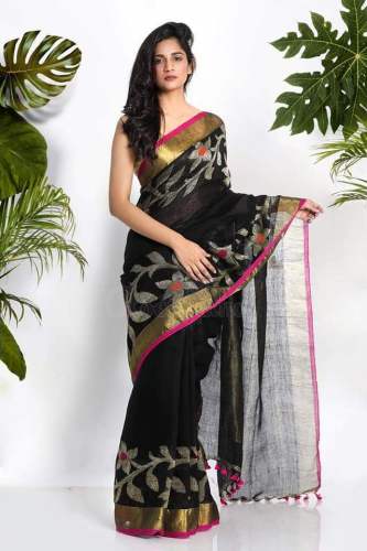 100count Embroidered Linen Saree