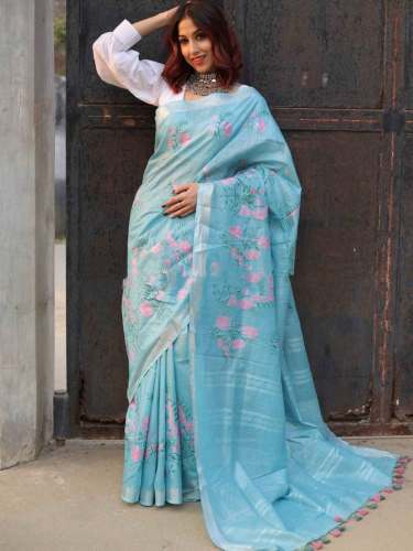 Bhagalpuri Handloom Linen Cotton Floral Embroidered Saree