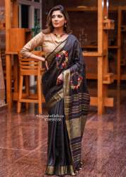 Black linen hand embroidery work saree