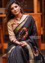 Black linen hand embroidery work saree thumb 1