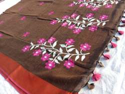 Brown Linen By Linen Embroidered Work Saree