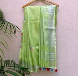 Celery Green Linen Embroidered Saree