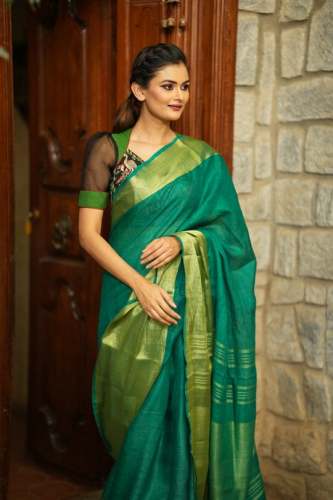 Elegant Green Linen By Linen Saree  by the goodwill of linen