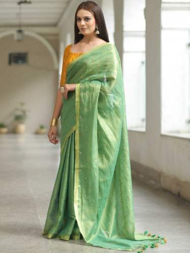 Fancy Collection Tissue Linen Mirror Work Saree by the goodwill of linen