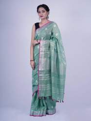Fancy Sea Green Linen Embroidered saree