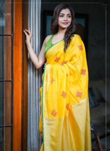 Fancy Yellow Linen Embroidered Saree by The Goodwill of Linen