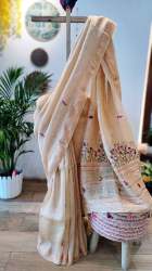 Ladies Cream Color Linen Silk Saree With French knot work