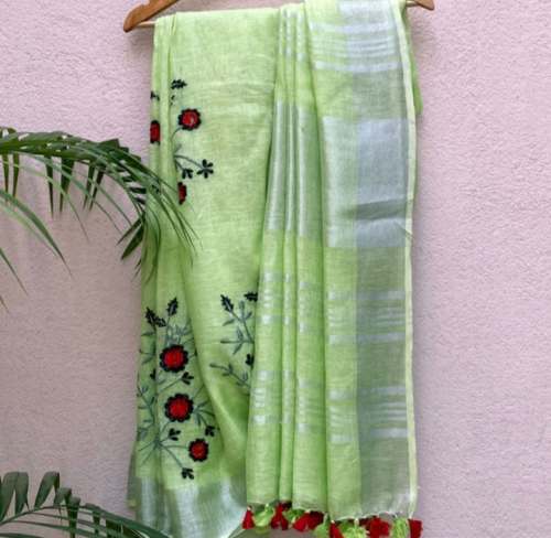 Lemon Grass Linen Embroidered Saree