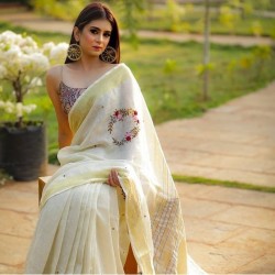 linen hand embroidery work saree 