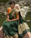 Linen silk banarsi Green saree thumb 1