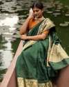 Linen silk banarsi Green saree thumb 2