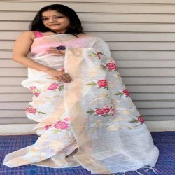 linen silk embroidery work saree